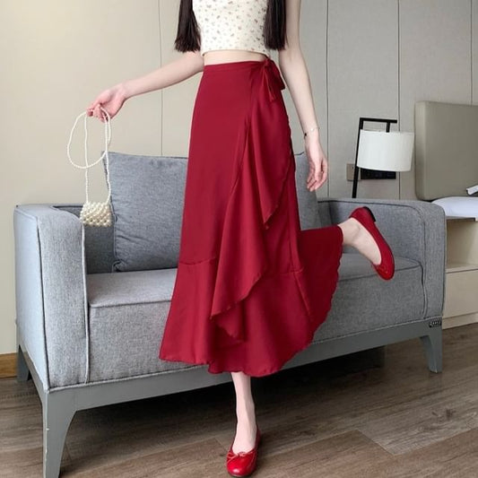 High Ruffle A-Line Midi Plain Skirt Waist