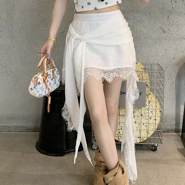 Lace High Waist Trim Wrap Asymmetrical Skort Plain