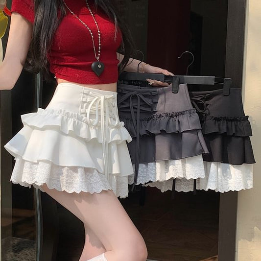 Plain Lace-Up Skirt Rise Lace Ruffle High Trim Mini A-Line