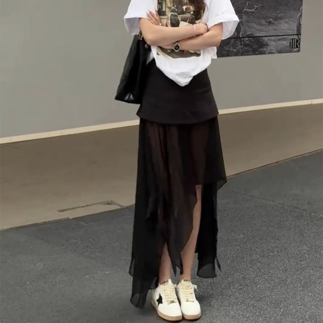 High Straight Plain Asymmetrical Waist Skirt Maxi