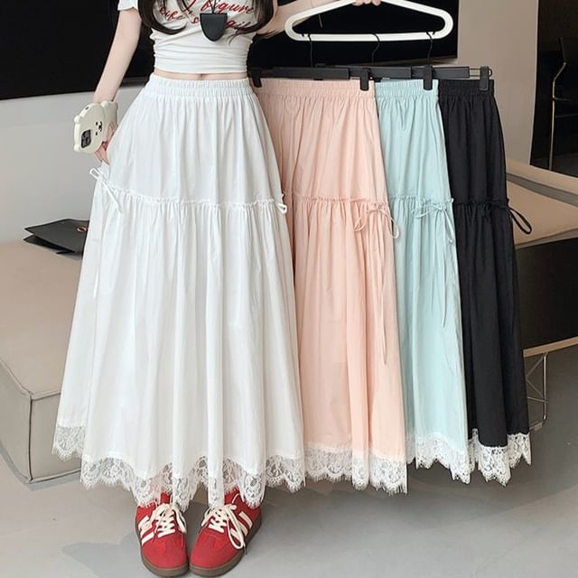 Plain Waist Lace Trim A-Line Maxi High Skirt