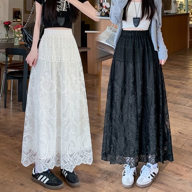 Embroidered Flower Skirt A-Line Waist Trim High Maxi Lace