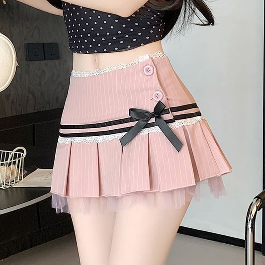 Bow Skirt Trim Pleated Low Waist A-Line Lace Mini Pinstriped