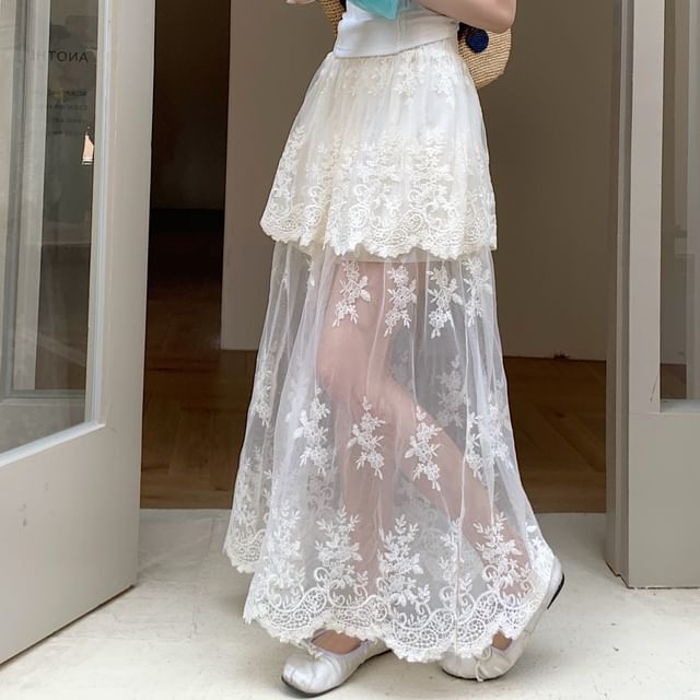 High Trim Lace Embroidered Maxi Skirt Waist Flower A-Line