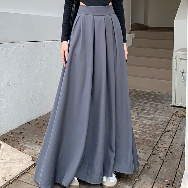 Pleated High Maxi Plain A-Line Skirt Inverted Rise