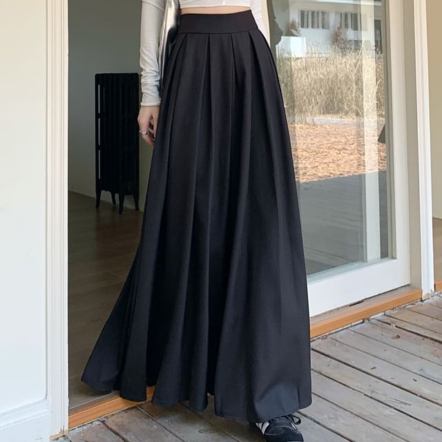 Pleated High Maxi Plain A-Line Skirt Inverted Rise