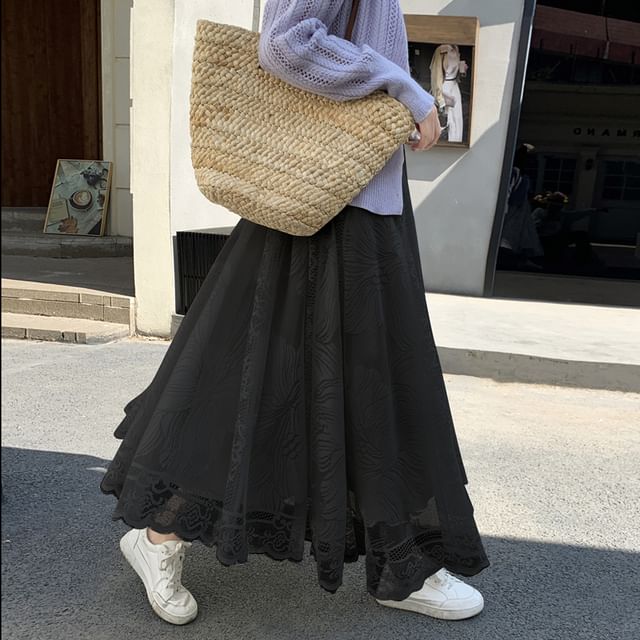 Floral Lace High A-Line Trim Waist Maxi Skirt