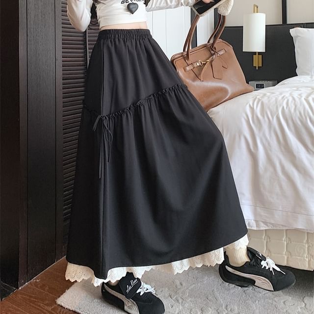 Plain Maxi Rise Skirt High Lace A-Line Trim
