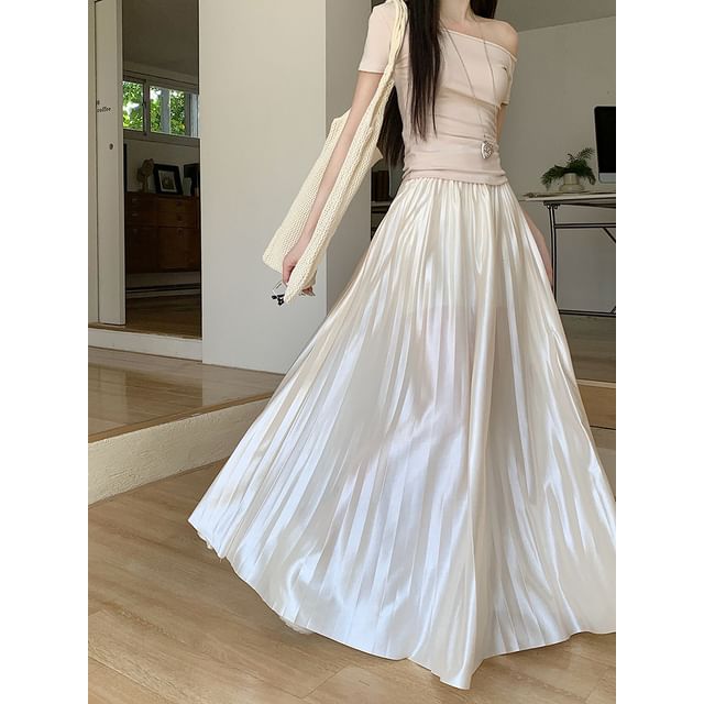Waist Pleated Maxi A-Line Plain High Skirt Accordion