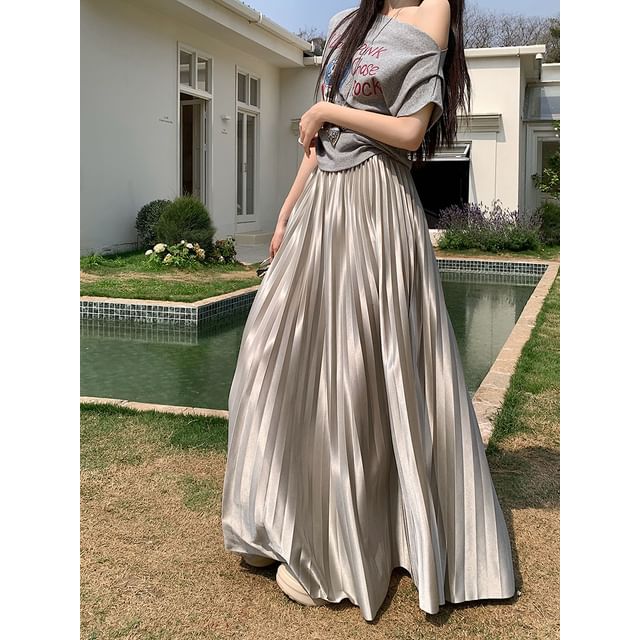 Waist Pleated Maxi A-Line Plain High Skirt Accordion