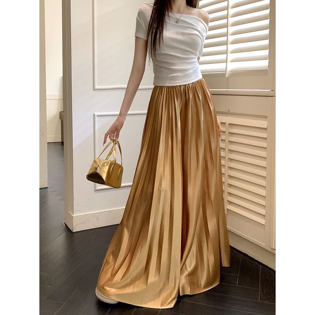 Waist Pleated Maxi A-Line Plain High Skirt Accordion