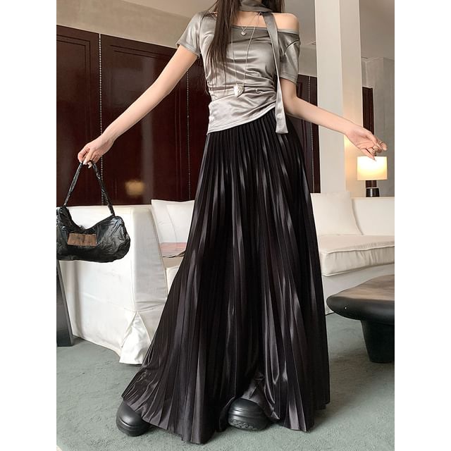 Waist Pleated Maxi A-Line Plain High Skirt Accordion