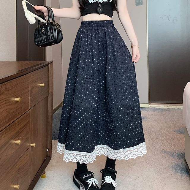 High Maxi Trim Rise Skirt Lace A-Line Dotted