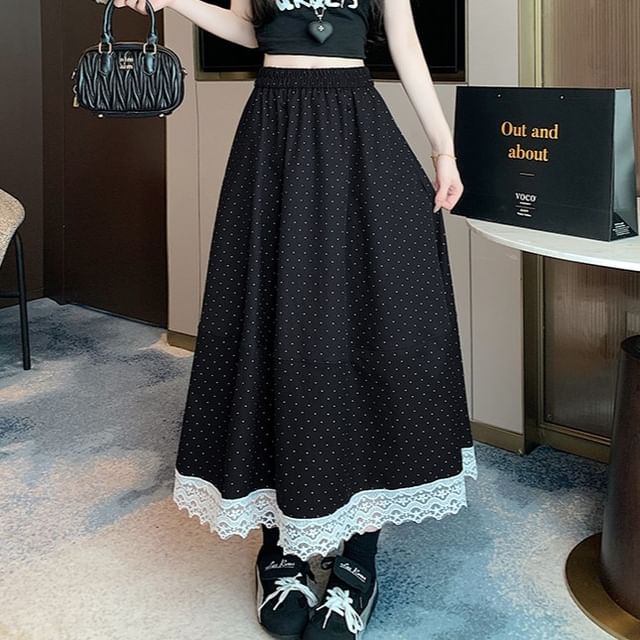 High Maxi Trim Rise Skirt Lace A-Line Dotted