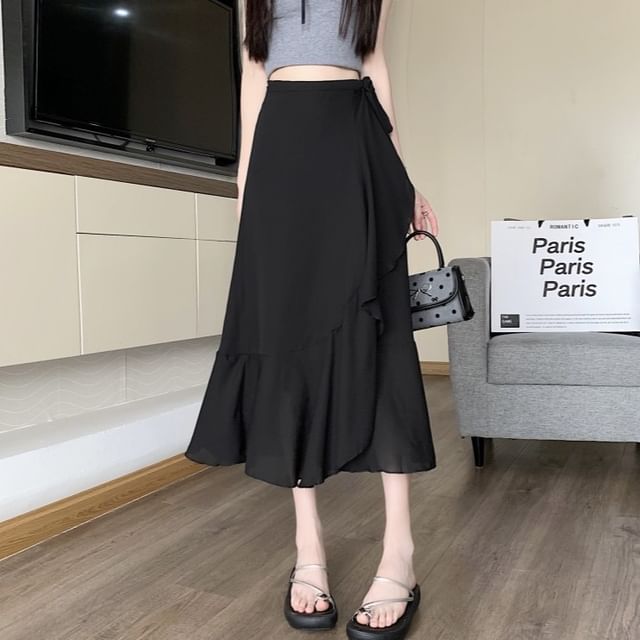 High Ruffle A-Line Midi Plain Skirt Waist