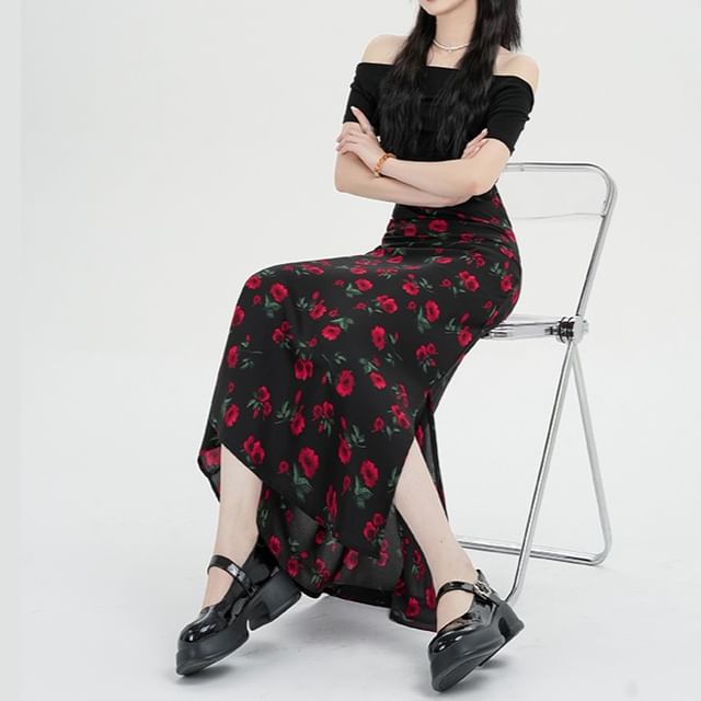 Floral Waist Skirt Maxi High A-Line