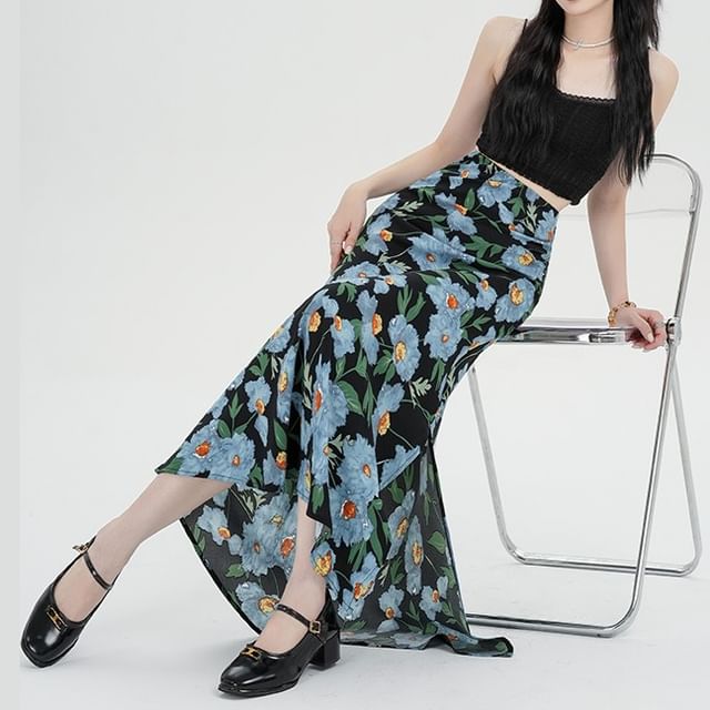 Skirt A-Line Floral Maxi Waist High