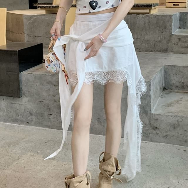 Lace High Waist Trim Wrap Asymmetrical Skort Plain