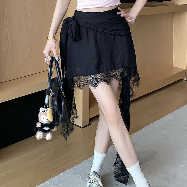 Lace High Waist Trim Wrap Asymmetrical Skort Plain