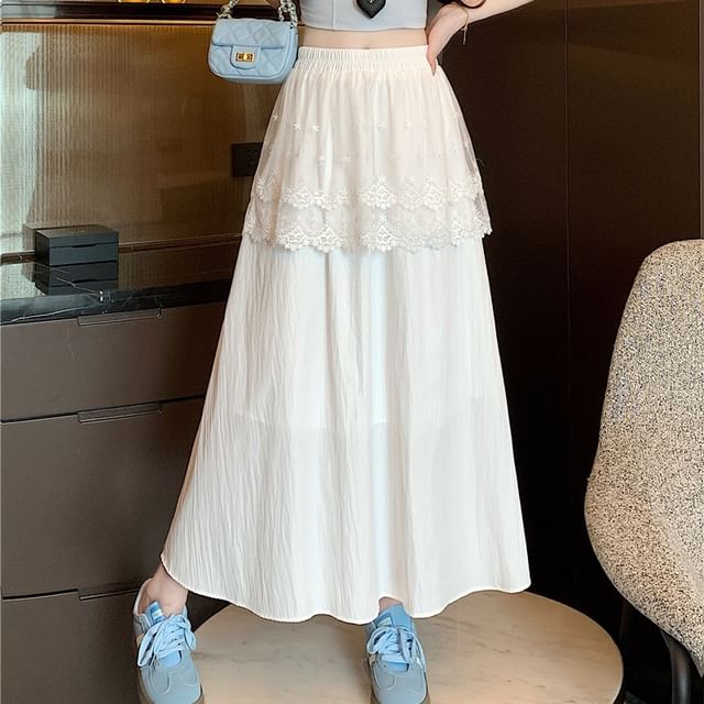 Rise Skirt Trim Plain Maxi High Lace A-Line