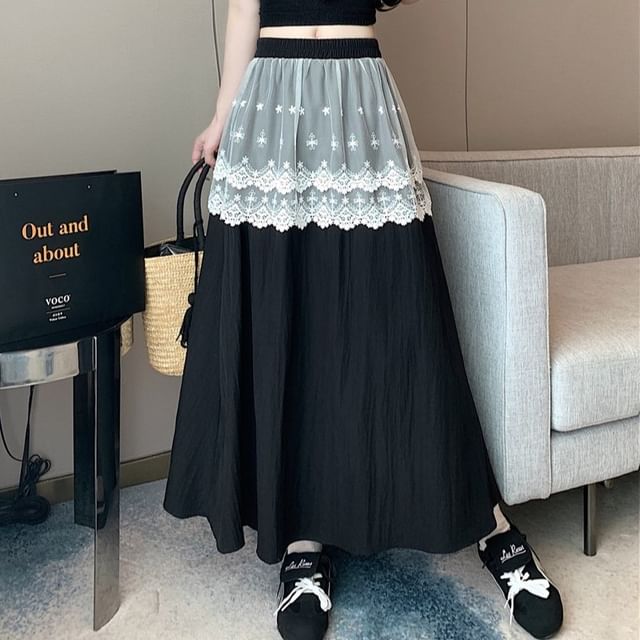 Rise Plain Trim Lace Maxi A-Line High Skirt