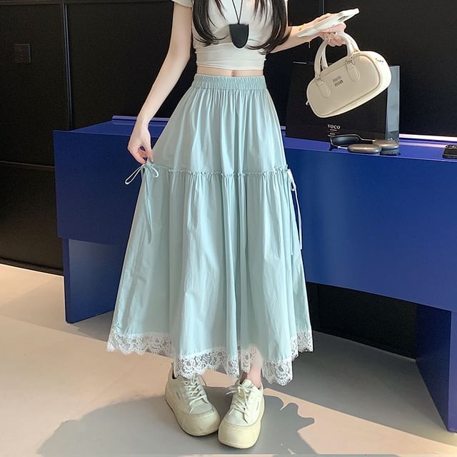Plain Waist Lace Trim A-Line Maxi High Skirt