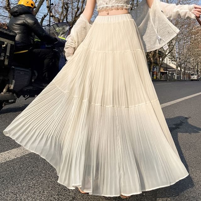 A-Line High Maxi Pleated Plain Accordion Skirt Waist