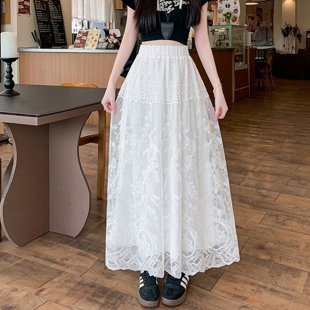 Embroidered Flower Skirt A-Line Waist Trim High Maxi Lace