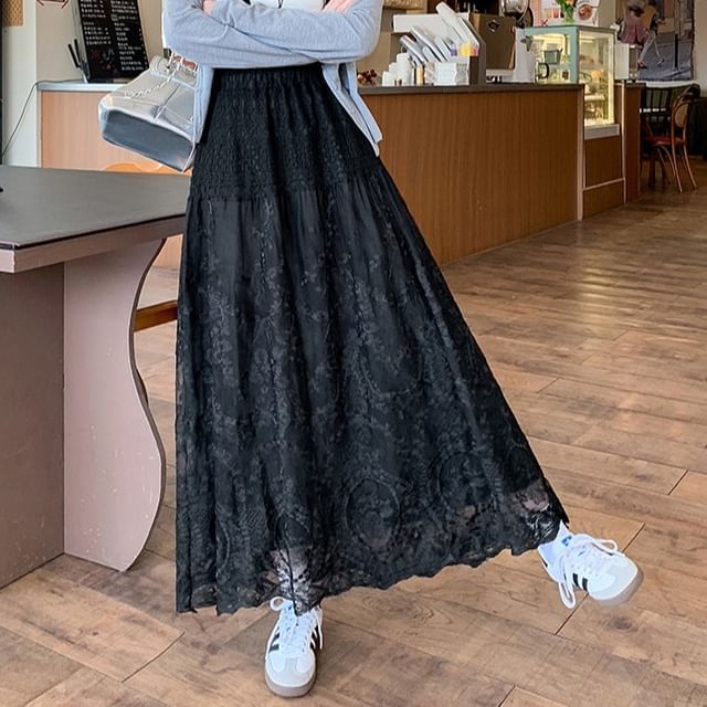 Embroidered Waist A-Line Flower Trim Lace High Skirt Maxi