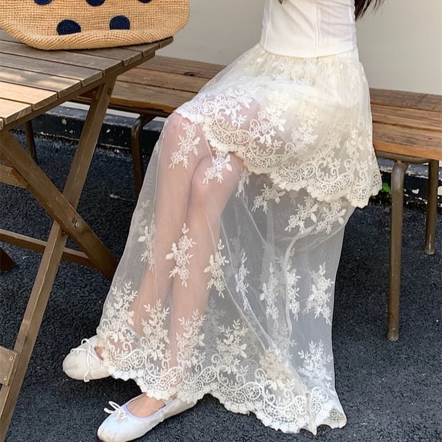 Trim High Maxi Embroidered Flower A-Line Skirt Lace Waist