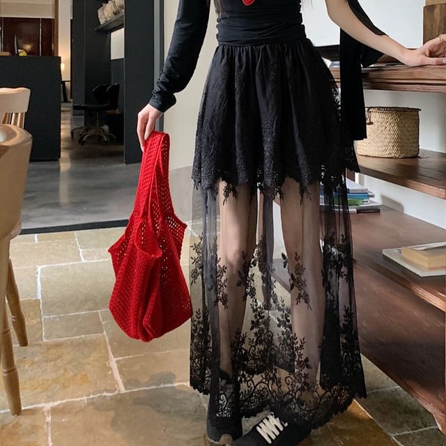 Trim High Maxi Embroidered Flower A-Line Skirt Lace Waist