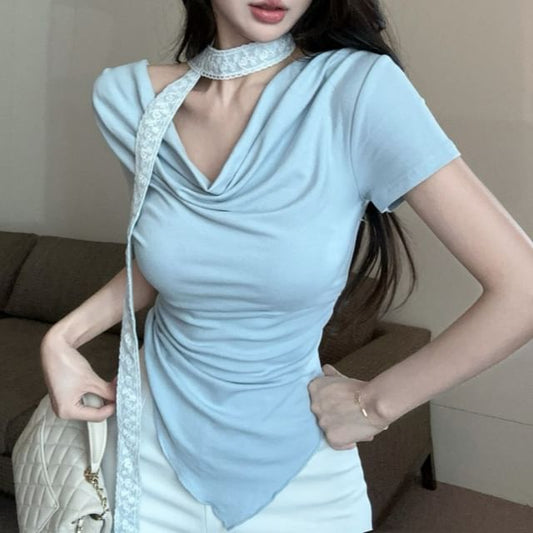 Plain Asymmetrical Neck Short-Sleeve Fit Cowl Slim Tee