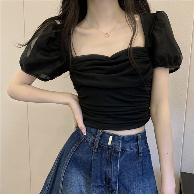 Plain Slim Crop Top Puff-Sleeve Ruched Fit