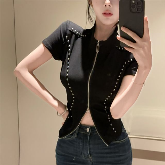 Fit Studded Turtleneck Plain Short-Sleeve Slim Zip T-Shirt
