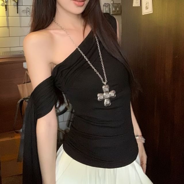 Bow Ruched Off-Shoulder Plain Fit T-Shirt Slim Short-Sleeve