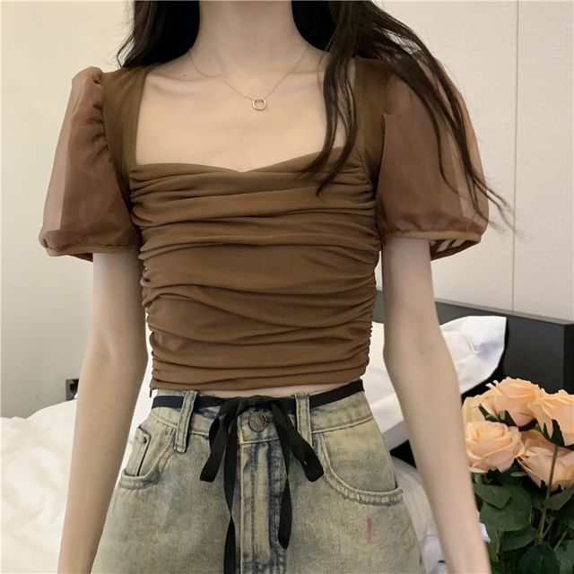 Plain Slim Crop Top Puff-Sleeve Ruched Fit