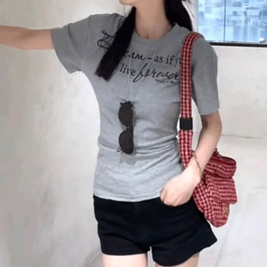 Neck T-Shirt Short-Sleeve Slim Lettering Crew Fit