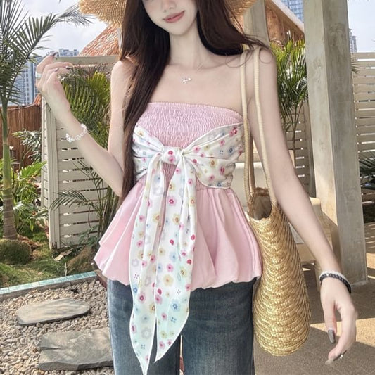 Floral Top Peplum Tube Bow