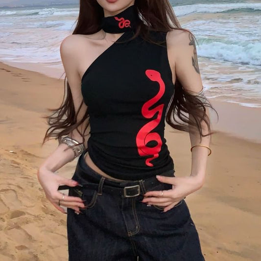 Print Halter Tank One-Shoulder Top Snake Slim Fit