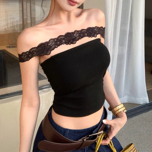 Plain Crop Padded Slim Halter Lace Fit Top Panel