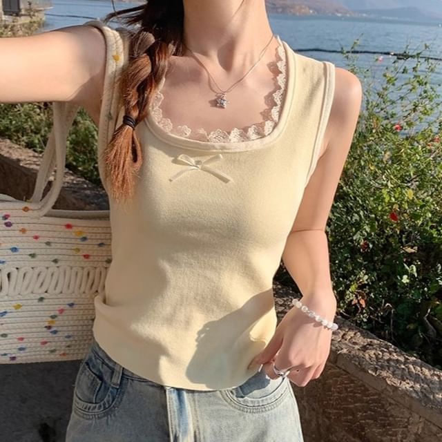 Bow Neck Square Lace Slim Fit Trim Tank Top