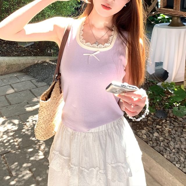 Bow Neck Square Lace Slim Fit Trim Tank Top
