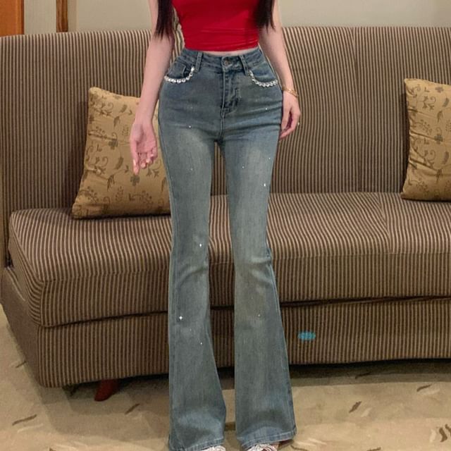Trim Washed Bootcut Rise Rhinestone Mid Jeans