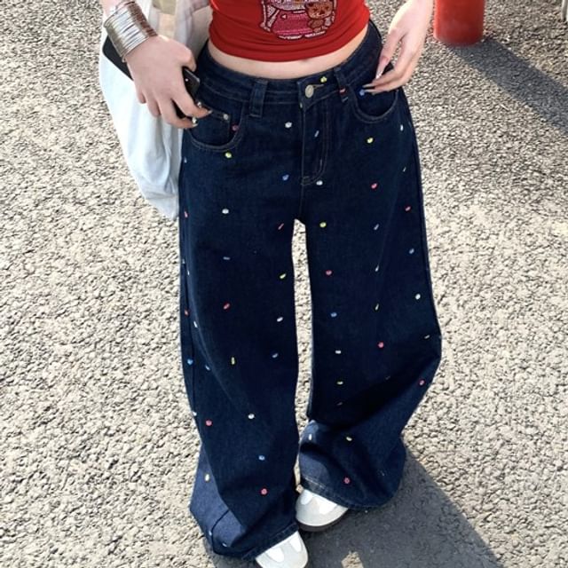 Leg Waist Jeans Wide High Floral Embroidered