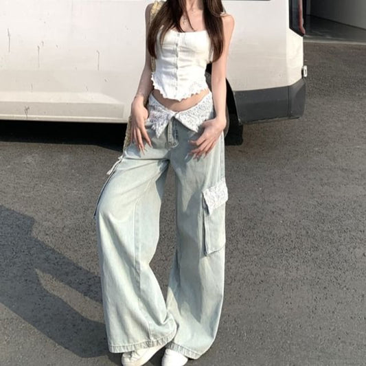 Leg Camisole Top Trim Wide Button-Up Crop Low Cargo Lace Panel Rise / Jeans Washed