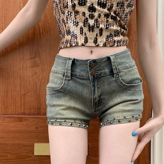 Studded Denim Shorts Washed Low Rise