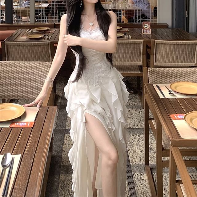 Ruffle Slit Ruched Panel A-Line Lace Dress Maxi Strap Plain Spaghetti