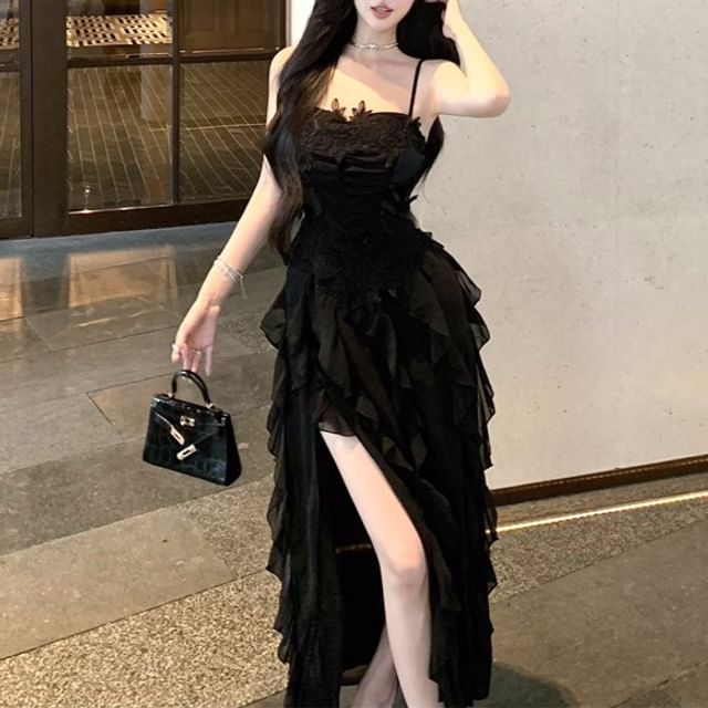 Ruffle Slit Ruched Panel A-Line Lace Dress Maxi Strap Plain Spaghetti