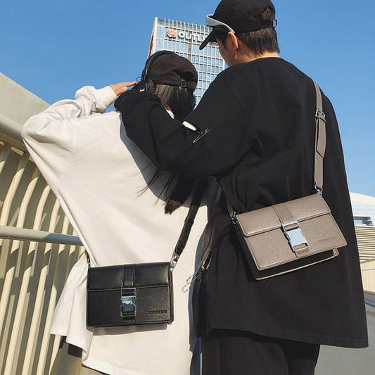 Leather Bag Flap Crossbody Buckled Plain Faux