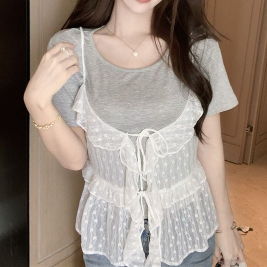 Neck Cami Sheer Plain Set: Tee Floral Short-Sleeve Ruffle Crew + Top